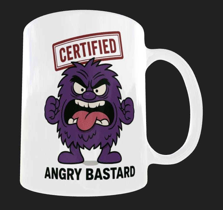 Angry Bas*ard Mug – Funny Rude Cartoon Coffee Cup for Moody, Grumpy Men.