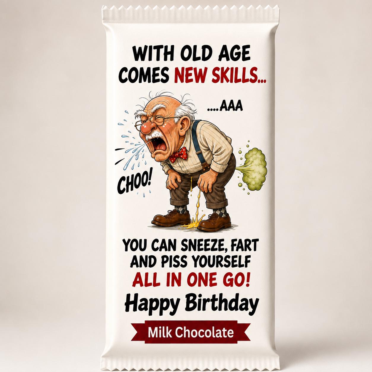 Rude Birthday Gift for Men, Old Fart Gag Gift Chocolate Bar, Funny 50th 60th 70th Birthday Present for Dad Grandad, Crude Novelty candy