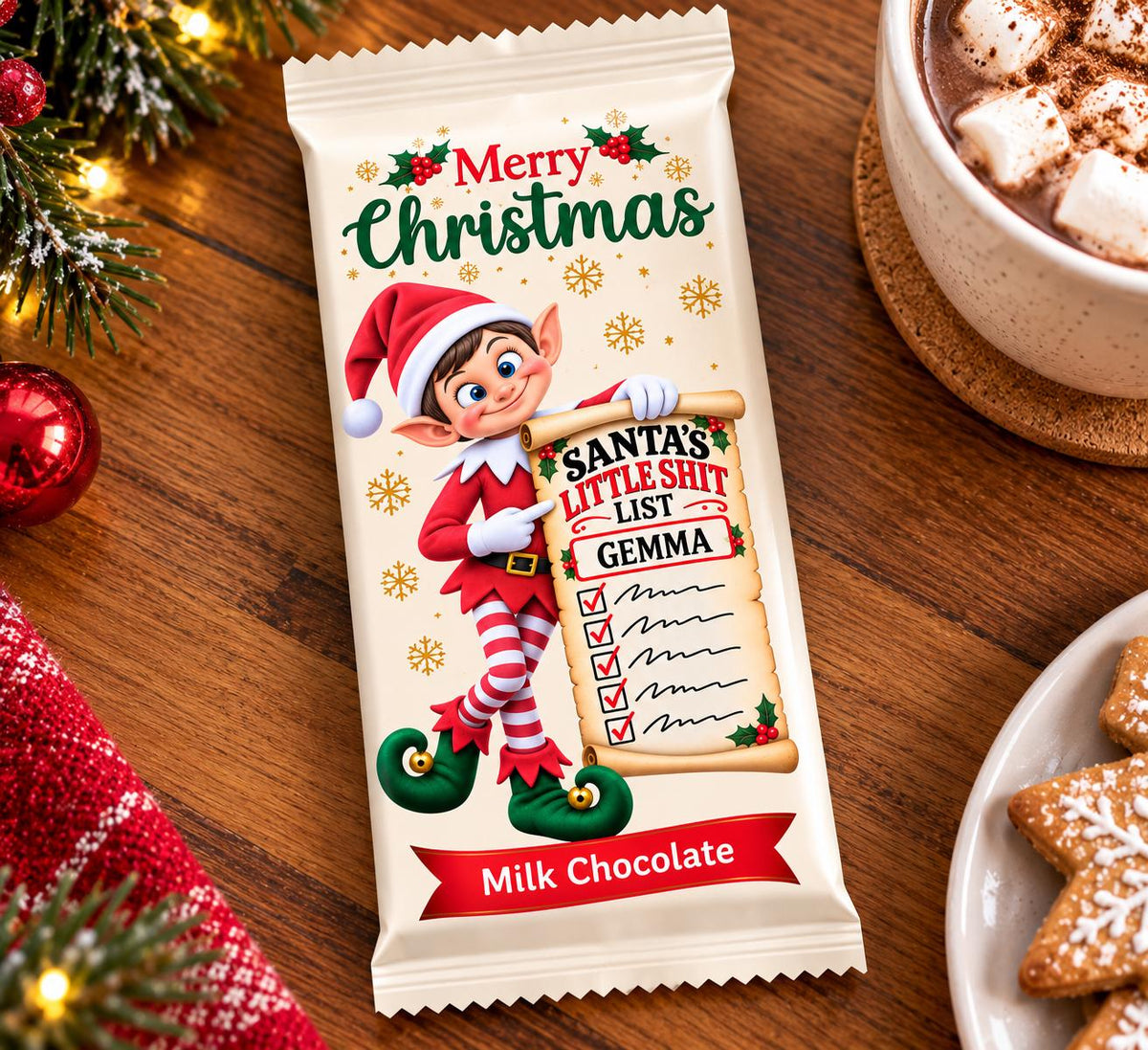 Funny elf chocolate bar in a Christmas gift setting, a 100g milk chocolate stocking filler handmade in the UK.