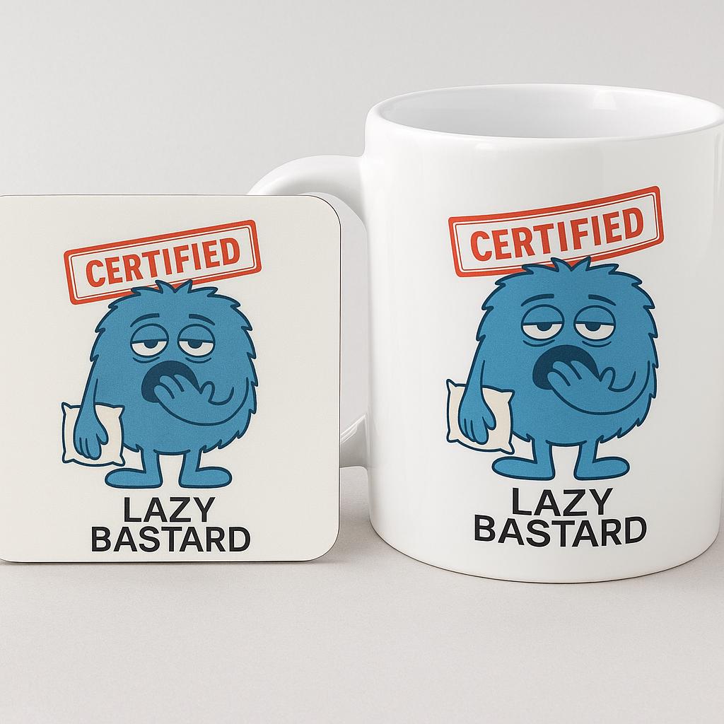 White ceramic coffee mug and Coaster Option with a cartoon blue furry character holding a pillow, red ‘Certified’ stamp above, and text ‘Lazy Bastard’ below.”