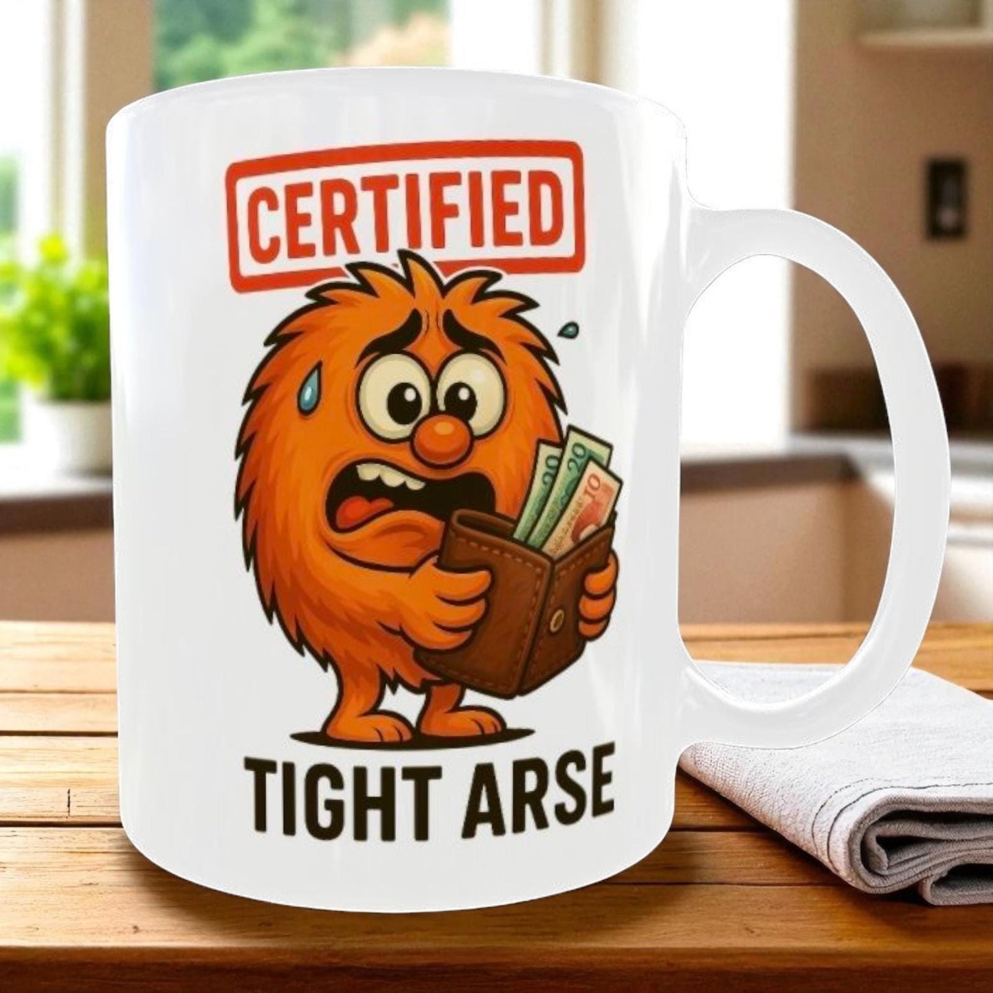 Tight Arse Mug Funny Rude Coffee Cup, Gift for the man that doesn't like to spend Money.