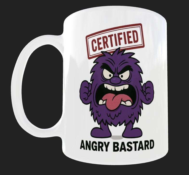 Angry Bas*ard Mug – Funny Rude Cartoon Coffee Cup for Moody, Grumpy Men.