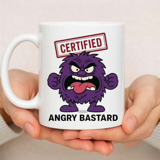 Angry Bas*ard Mug – Funny Rude Cartoon Coffee Cup for Moody, Grumpy Men.