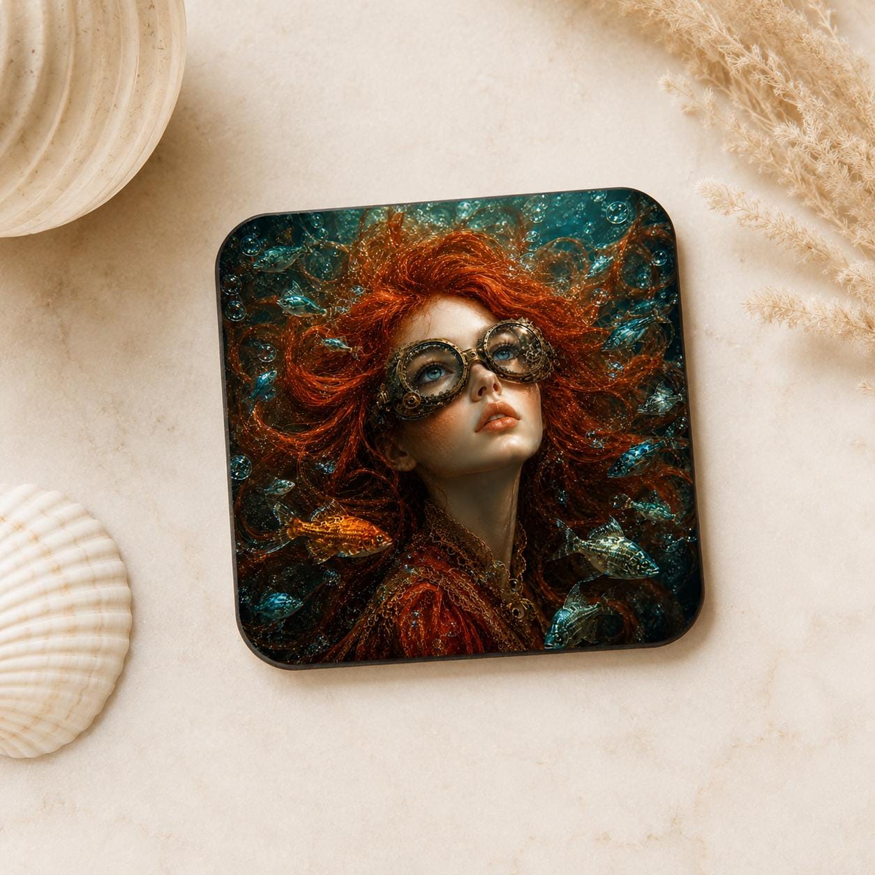 Drink Coasters Set of 4 Steampunk Gothic Lady Surreal Underwater Goldfish art Gift drinking mats original art
