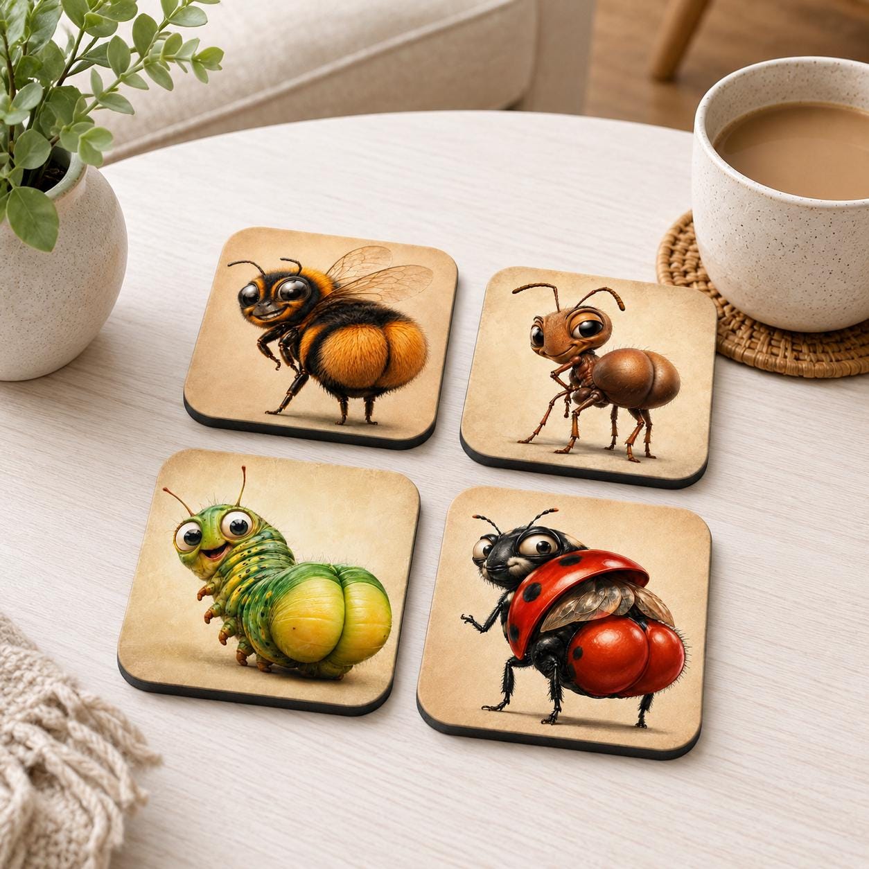 Funny Insect Coasters Set of 4, Bee Ant Caterpillar Ladybird Quirky Handmade Bug Gift