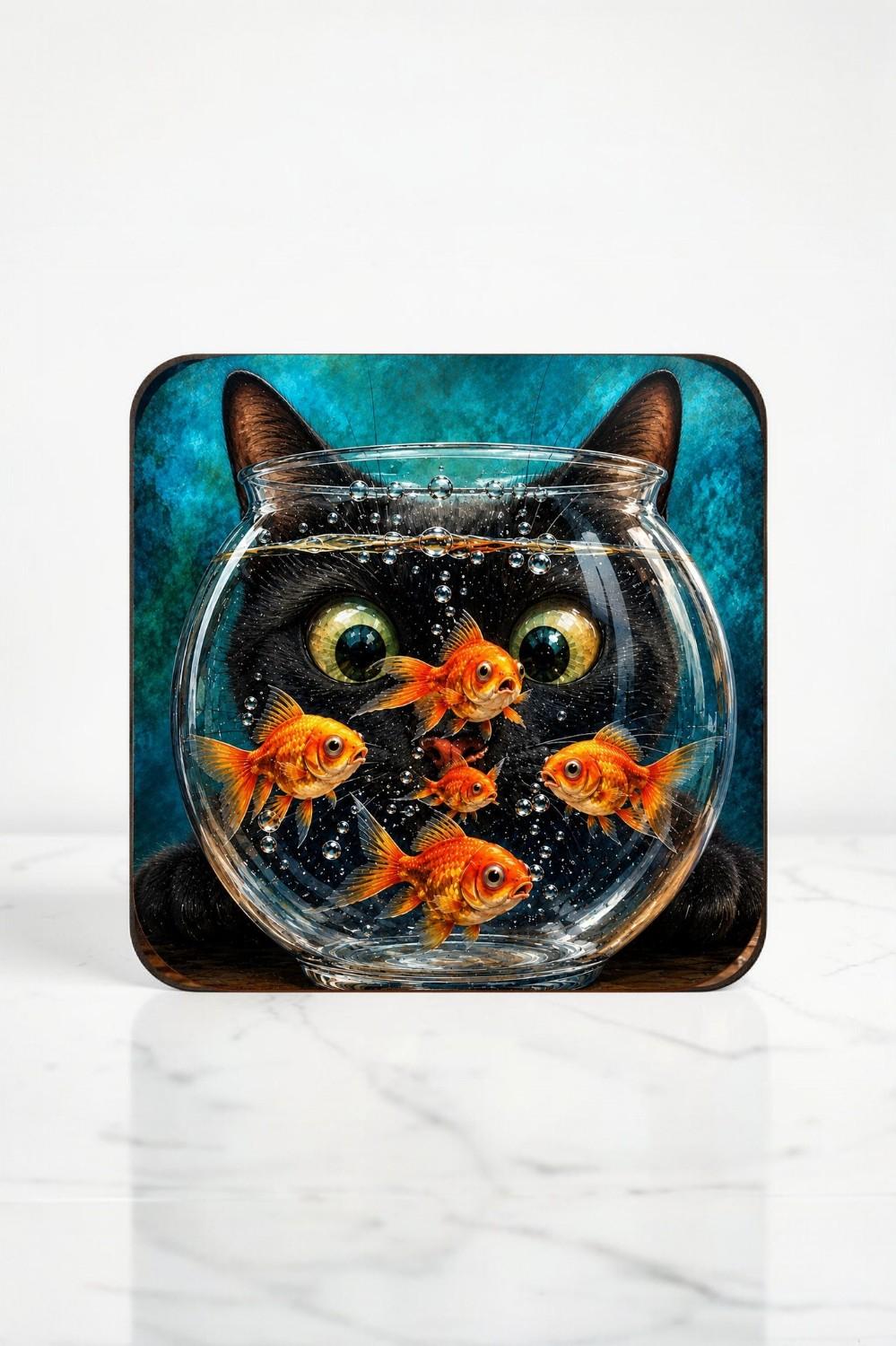 Cat Coasters Set of 4, Goldfish Bowl Coasters, Cat Lover Gift, Handmade Coaster Set, Quirky Animal