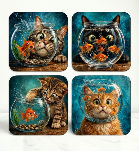 Cat Coasters Set of 4, Goldfish Bowl Coasters, Cat Lover Gift, Handmade Coaster Set, Quirky Animal
