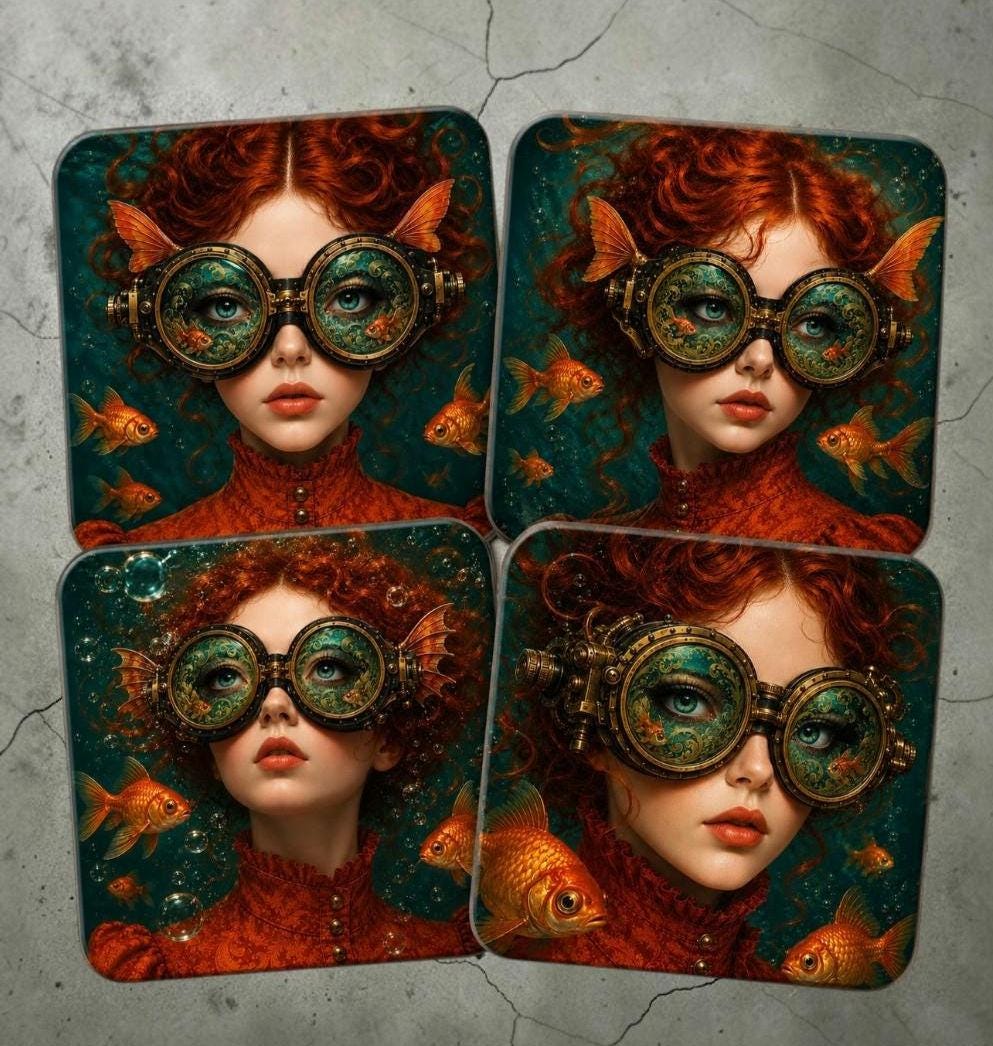 Steampunk Coaster Set of 4, Goldfish Surreal Art Coasters, Underwater Drink Mats Gift