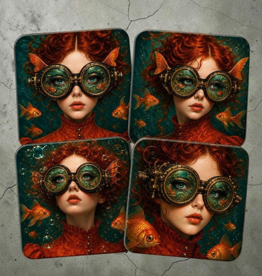 Steampunk Coaster Set of 4, Goldfish Surreal Art Coasters, Underwater Drink Mats Gift