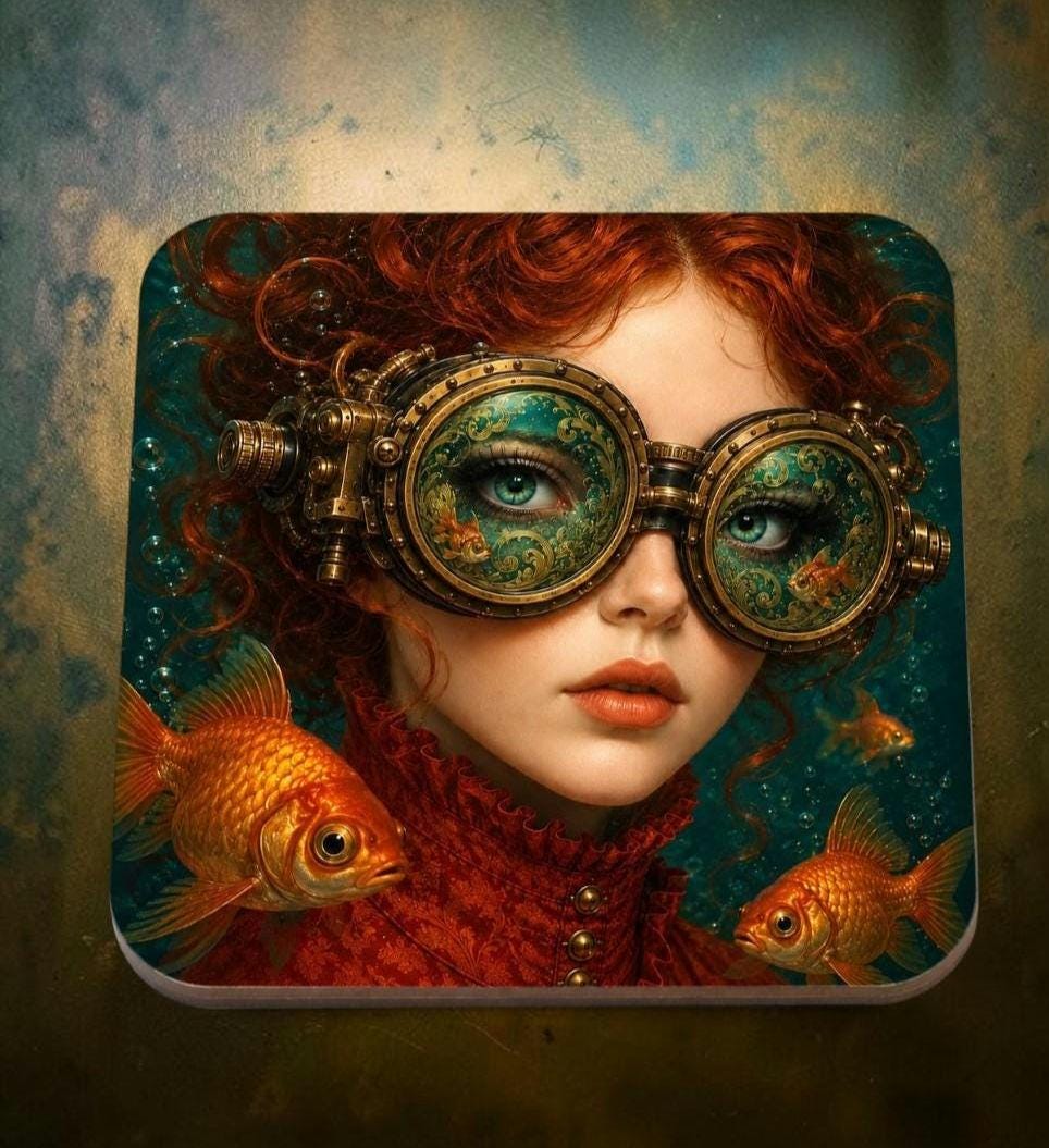 Steampunk Coaster Set of 4, Goldfish Surreal Art Coasters, Underwater Drink Mats Gift