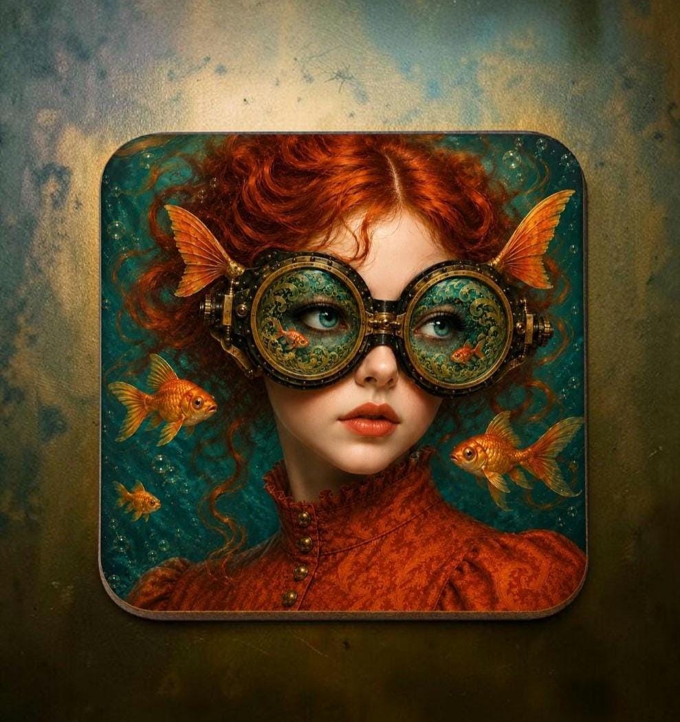 Steampunk Coaster Set of 4, Goldfish Surreal Art Coasters, Underwater Drink Mats Gift