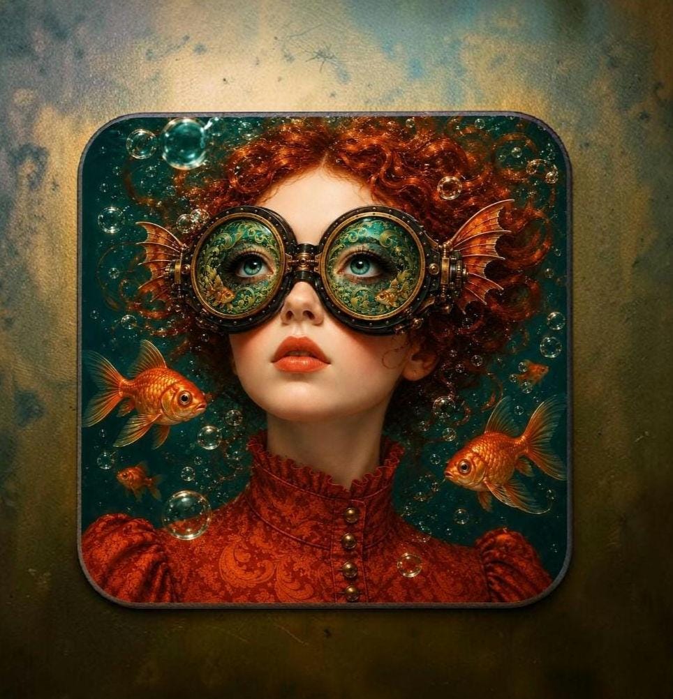 Steampunk Coaster Set of 4, Goldfish Surreal Art Coasters, Underwater Drink Mats Gift