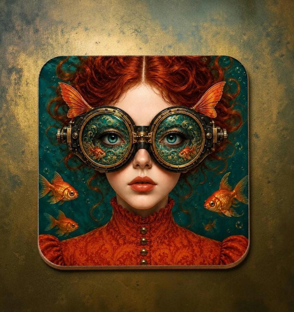 Steampunk Coaster Set of 4, Goldfish Surreal Art Coasters, Underwater Drink Mats Gift
