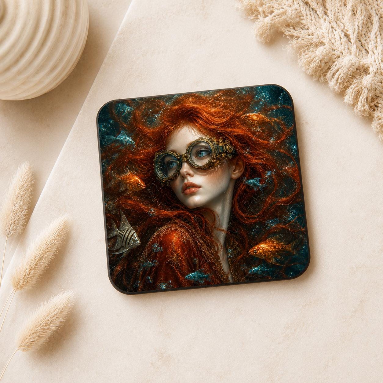 Drink Coasters Set of 4 Steampunk Gothic Lady Surreal Underwater Goldfish art Gift drinking mats original art
