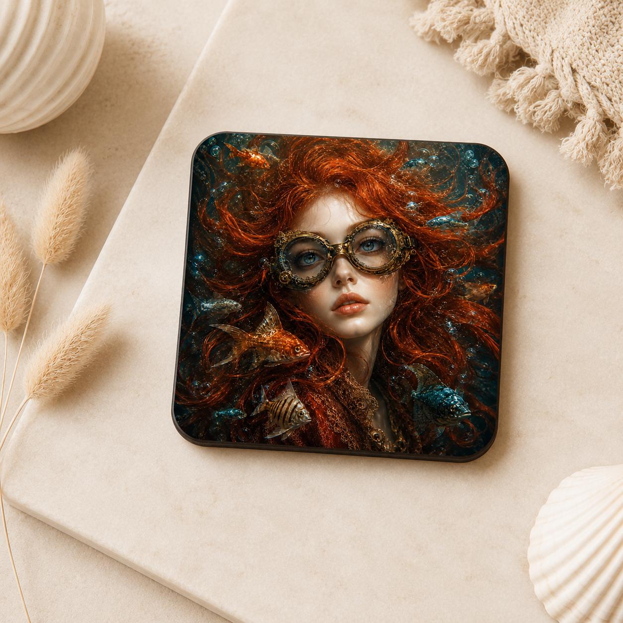Drink Coasters Set of 4 Steampunk Gothic Lady Surreal Underwater Goldfish art Gift drinking mats original art