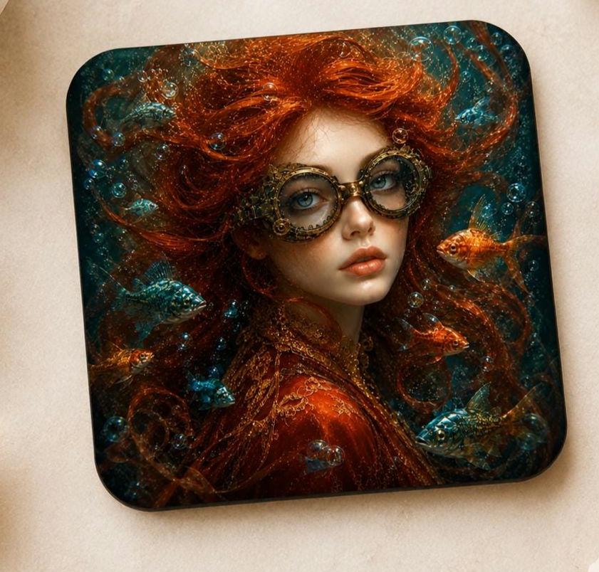 Drink Coasters Set of 4 Steampunk Gothic Lady Surreal Underwater Goldfish art Gift drinking mats original art