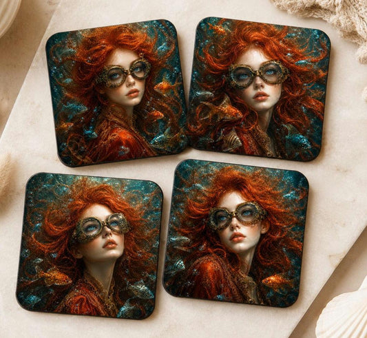 Drink Coasters Set of 4 Steampunk Gothic Lady Surreal Underwater Goldfish art Gift drinking mats original art