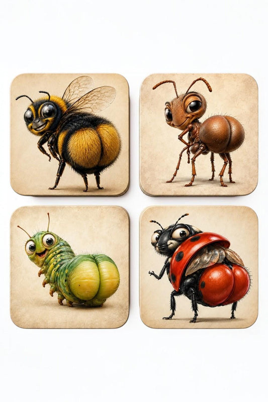 Funny Insect Coasters Set of 4, Bee Ant Caterpillar Ladybird Quirky Handmade Bug Gift