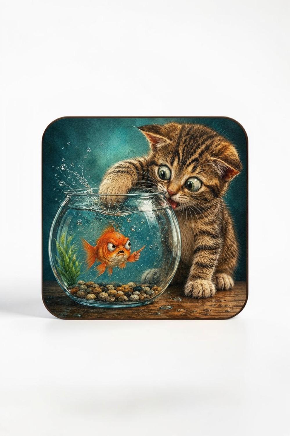 Cat Coasters Set of 4, Goldfish Bowl Coasters, Cat Lover Gift, Handmade Coaster Set, Quirky Animal