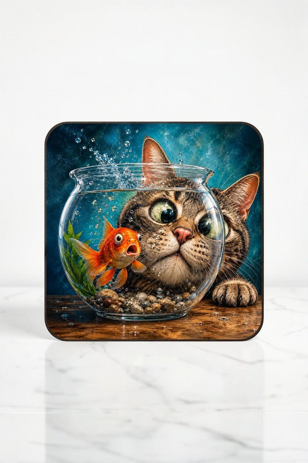 Cat Coasters Set of 4, Goldfish Bowl Coasters, Cat Lover Gift, Handmade Coaster Set, Quirky Animal