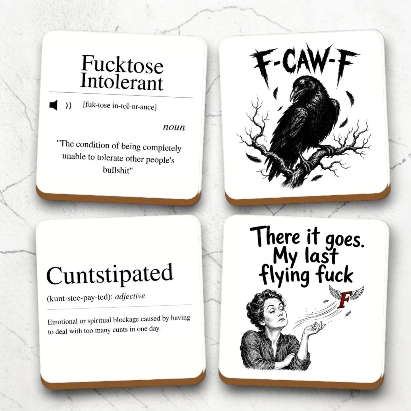 Rude Coasters Set of 4, Funny Adult Humour Drink Mats, Sweary Coaster Gift, Handmade Novelty Gift for Friends, Home Bar Decor