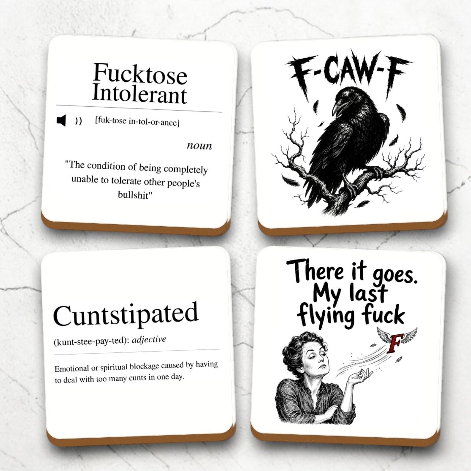 Rude Coasters Set of 4, Funny Adult Humour Drink Mats, Sweary Coaster Gift, Handmade Novelty Gift for Friends, Home Bar Decor