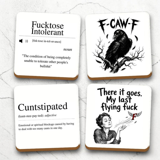 Rude Coasters Set of 4, Funny Adult Humour Drink Mats, Sweary Coaster Gift, Handmade Novelty Gift for Friends, Home Bar Decor