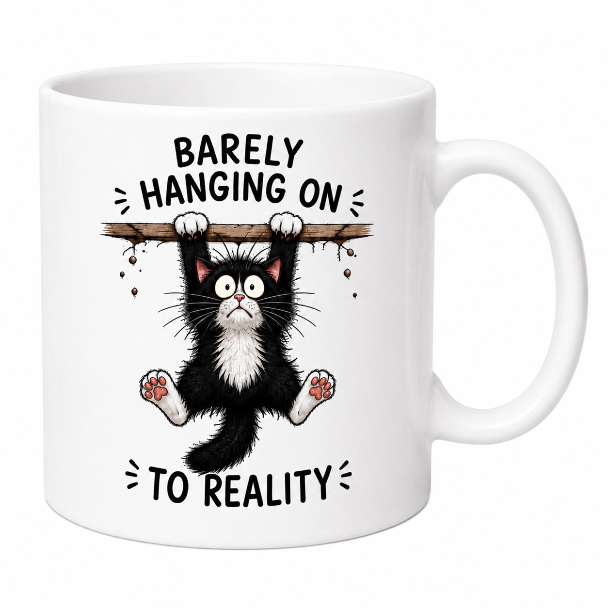 Funny Cat Mug Gift Barely Hanging On To Reality. Present for Cat Lover Birthday Christmas. Cheeky Office/Work Mug