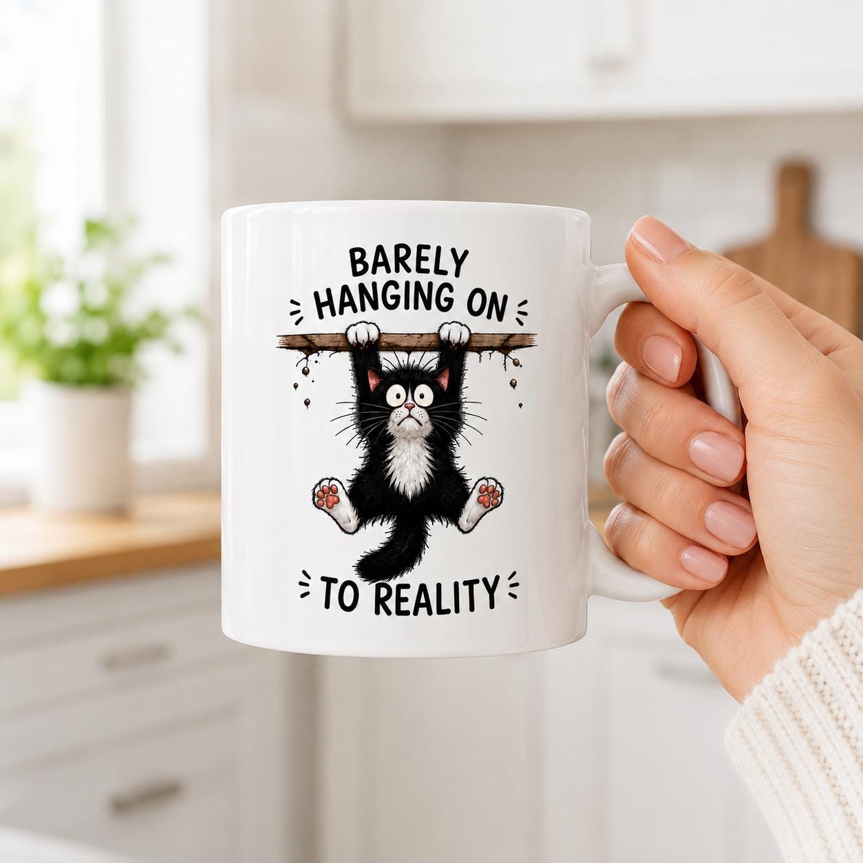 Funny Cat Mug Gift Barely Hanging On To Reality. Present for Cat Lover Birthday Christmas. Cheeky Office/Work Mug