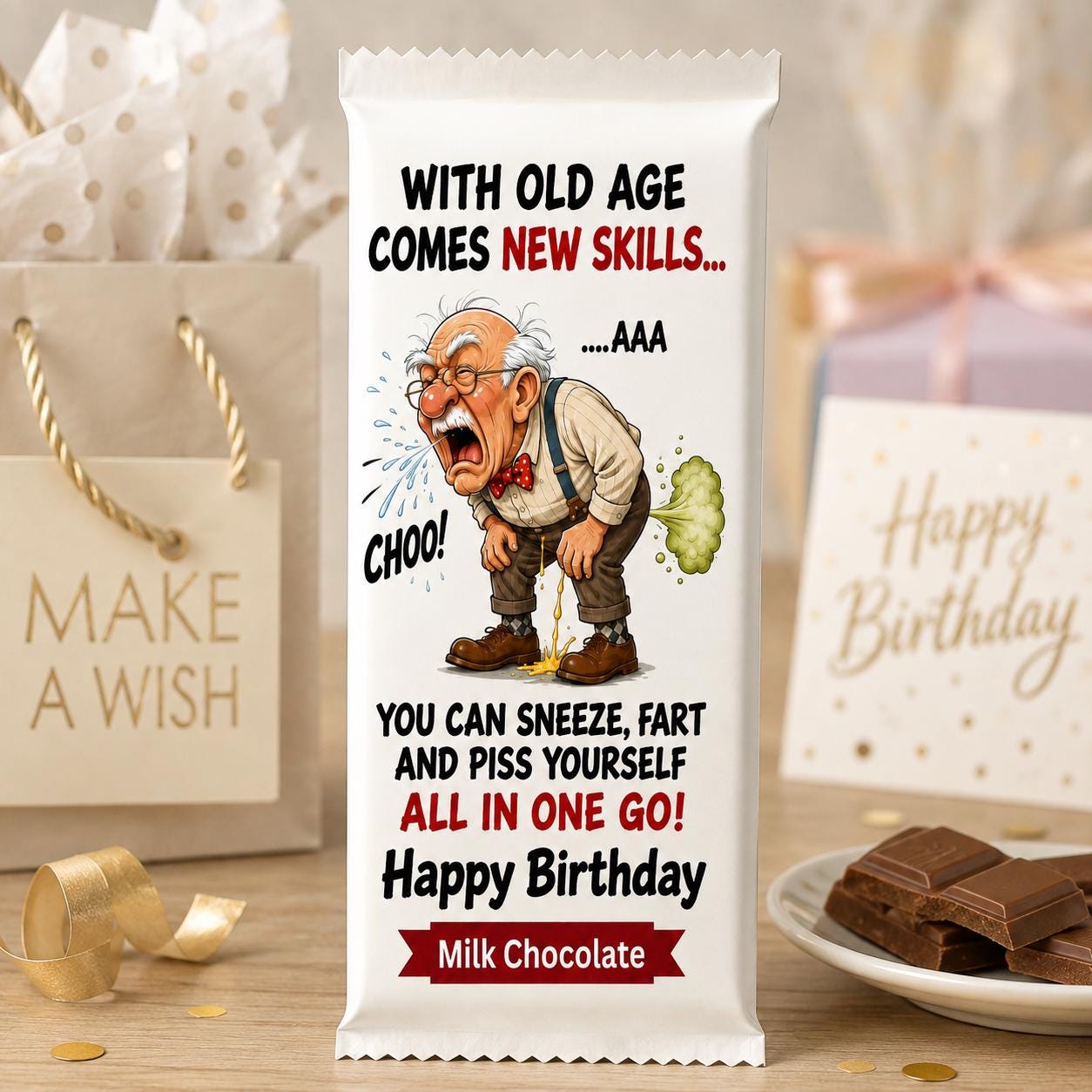 Rude Birthday Gift for Men, Old Fart Gag Gift Chocolate Bar, Funny 50th 60th 70th Birthday Present for Dad Grandad, Crude Novelty candy
