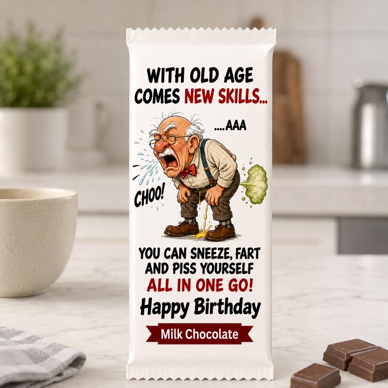 Rude Birthday Gift for Men, Old Fart Gag Gift Chocolate Bar, Funny 50th 60th 70th Birthday Present for Dad Grandad, Crude Novelty candy