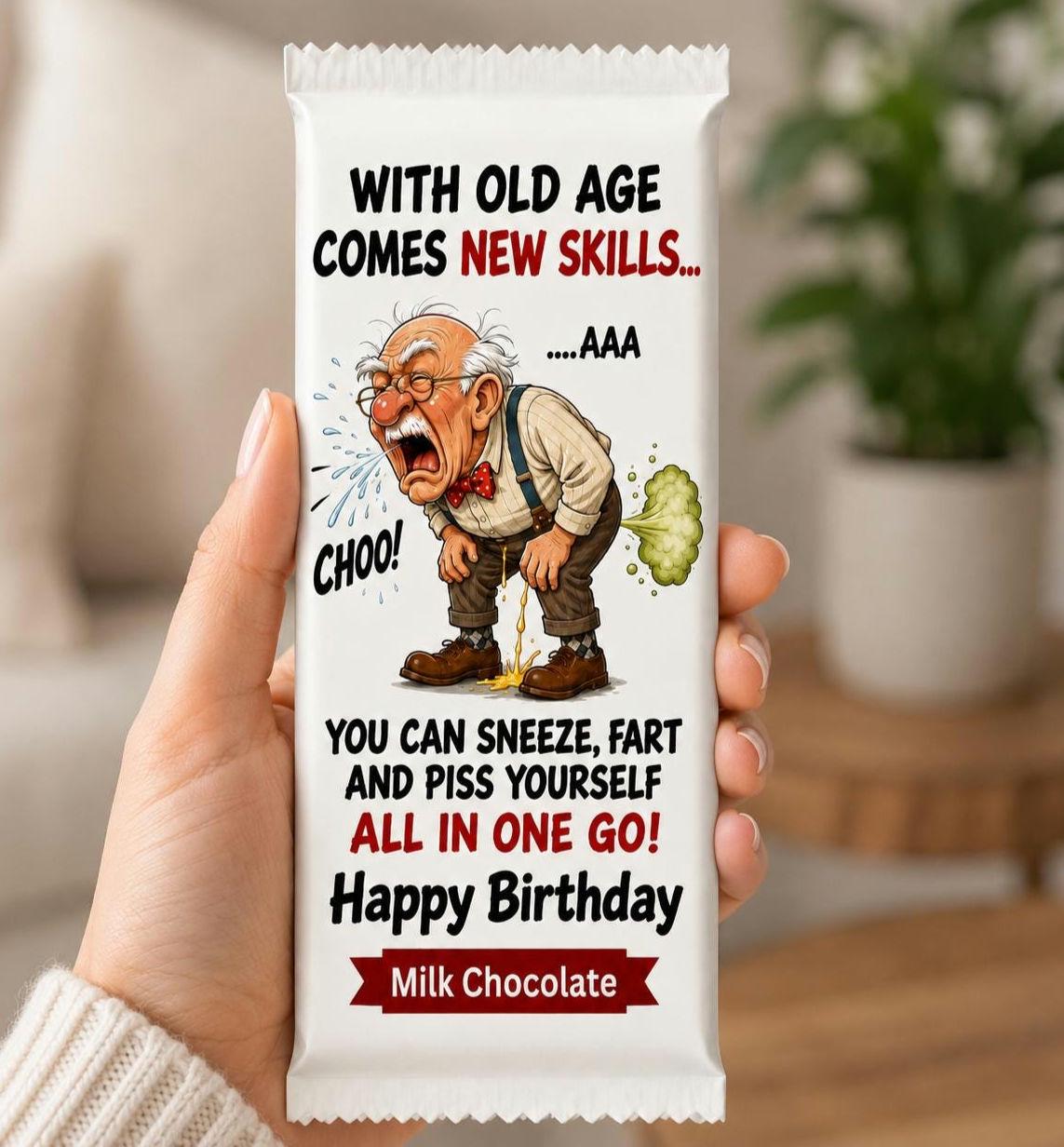 Rude Birthday Gift for Men, Old Fart Gag Gift Chocolate Bar, Funny 50th 60th 70th Birthday Present for Dad Grandad, Crude Novelty candy