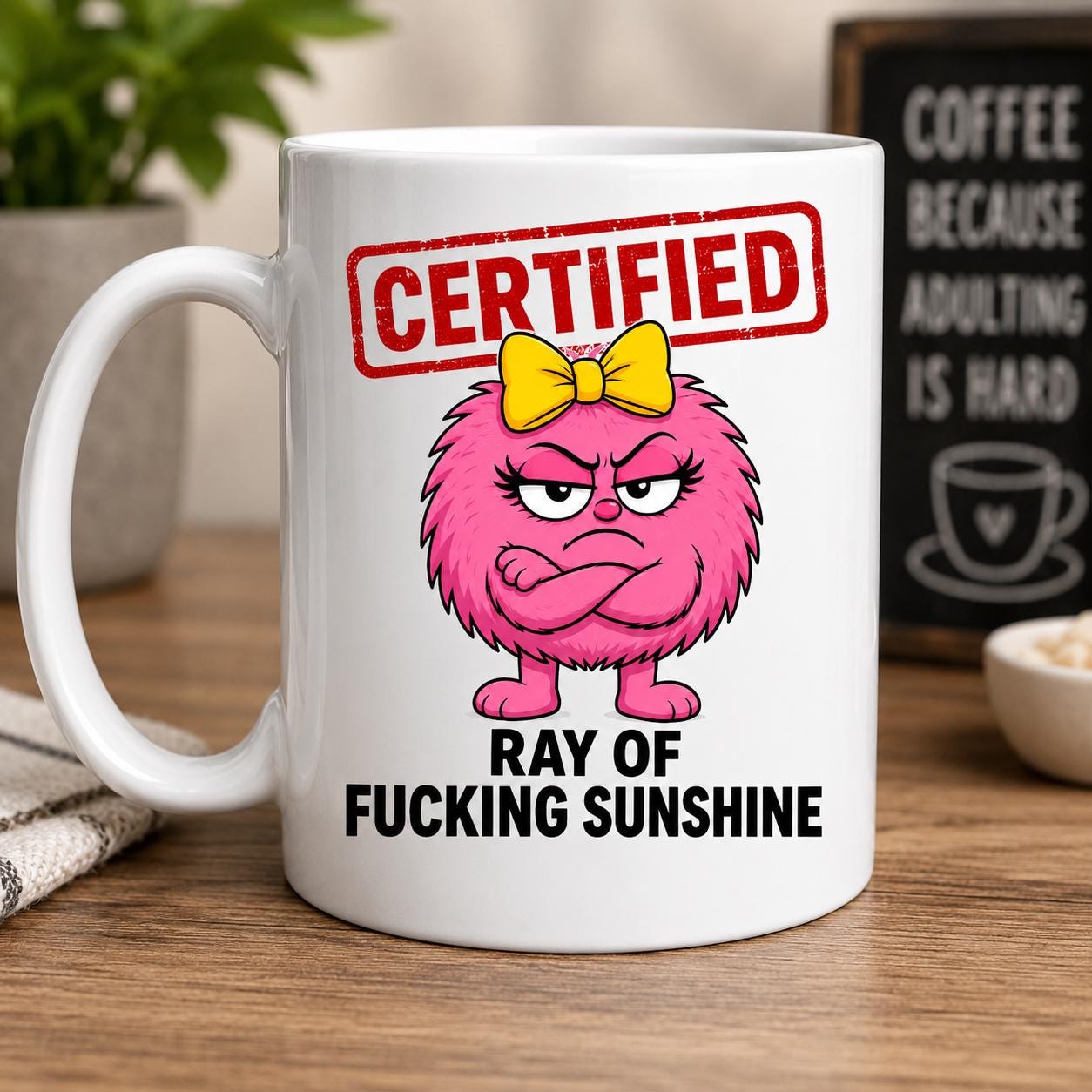 Funny Rude Coffee Mug | Ray of F*! cking Sunshine | Novelty Gift | Pink Character Mug | Office Mug | Coworker Gift | Sarcastic Mug