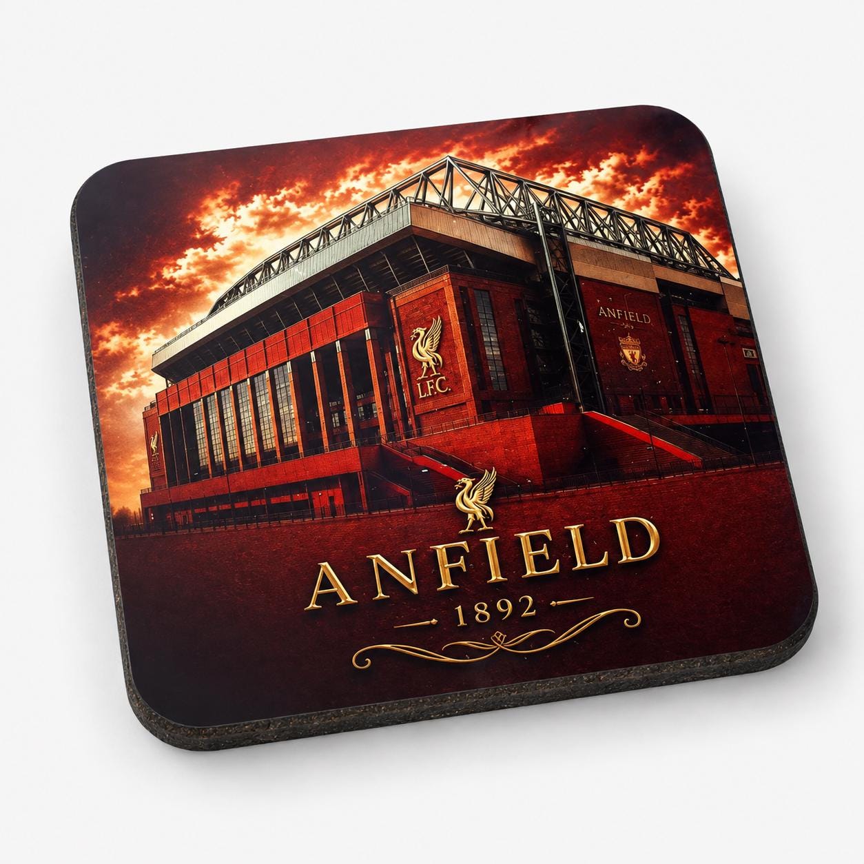 Liverpool Football Coaster Set of 4, Anfield Liver Bird and Stadium and shirt Designs