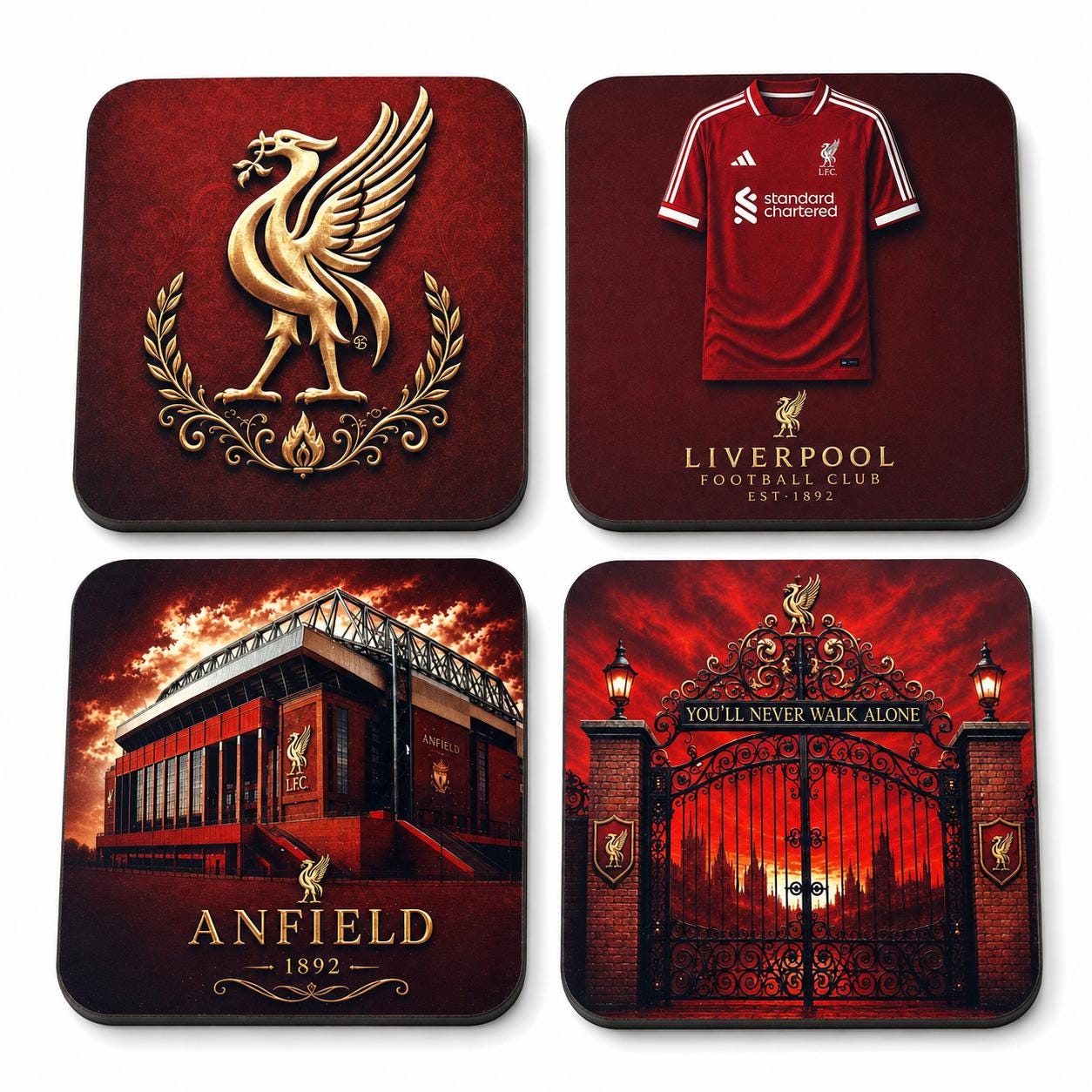 Liverpool Football Coaster Set of 4, Anfield Liver Bird and Stadium and shirt Designs