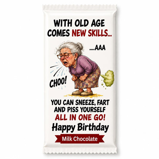 Rude Birthday Gift for women, Old Fart Gag Gift Chocolate Bar, Funny 50th 60th 70th Birthday Present for Mum Grandma Crude Novelty candy