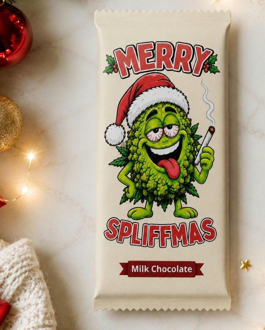 Funny Stoner Christmas Chocolate Bar, Secret Santa Gift, Stocking Filler, Novelty Joke Gag Gift For Friends, Spliffmas  100g Milk Chocolate