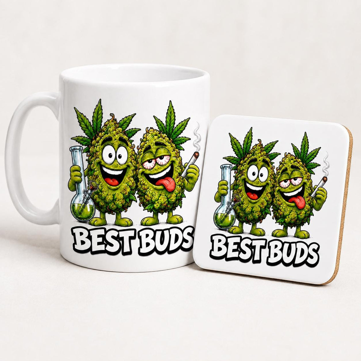 Best Buds Mug and Coaster, Funny Stoner Gift For Friends, Cannabis Weed Coffee Cup, Novelty 420 Christmas Present, 