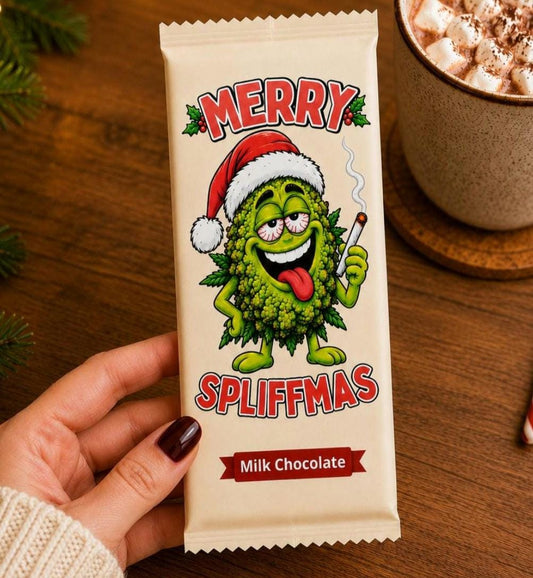 Funny Stoner Christmas Chocolate Bar, Secret Santa Stocking Filler, Novelty Joke Gag Gift For Friends, Spliffmas 420, 100g Milk Chocolate