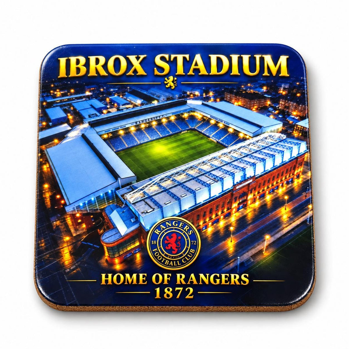 A square coaster featuring an aerial view of IBROX STADIUM at night, with the text 'IBROX STADIUM', 'HOME OF RANGERS', and '1872' plus the Rangers Football Club crest. The coaster has rounded corners and a dark blue background.