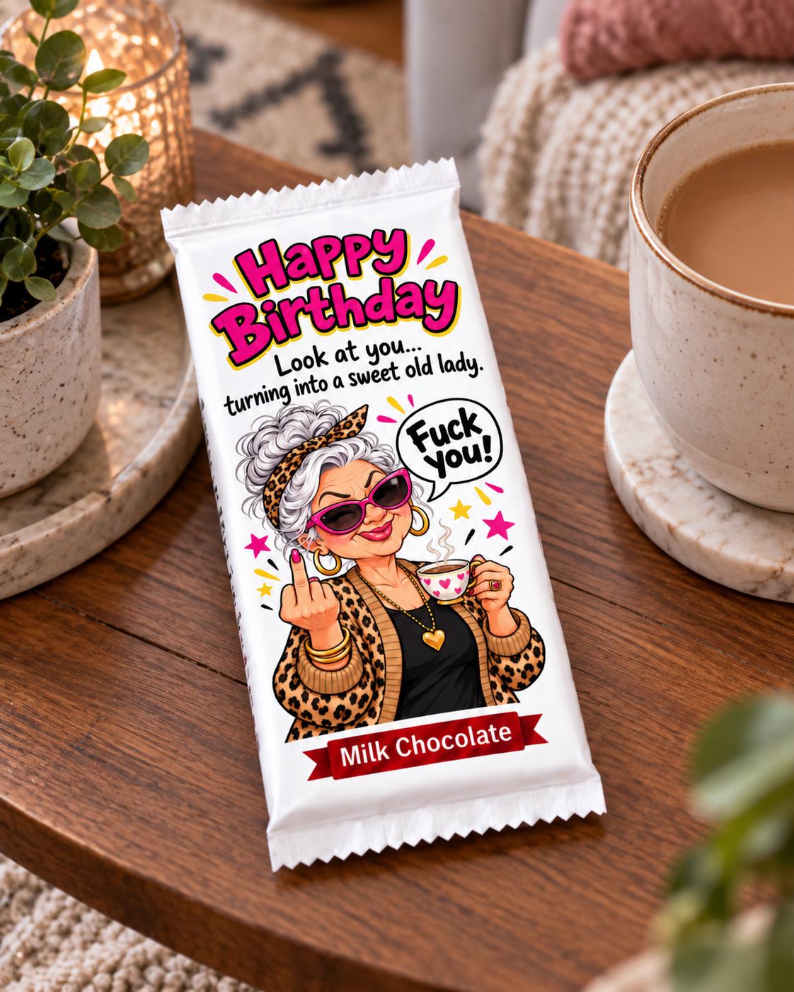 Funny birthday chocolate bar with a rude old lady design”
