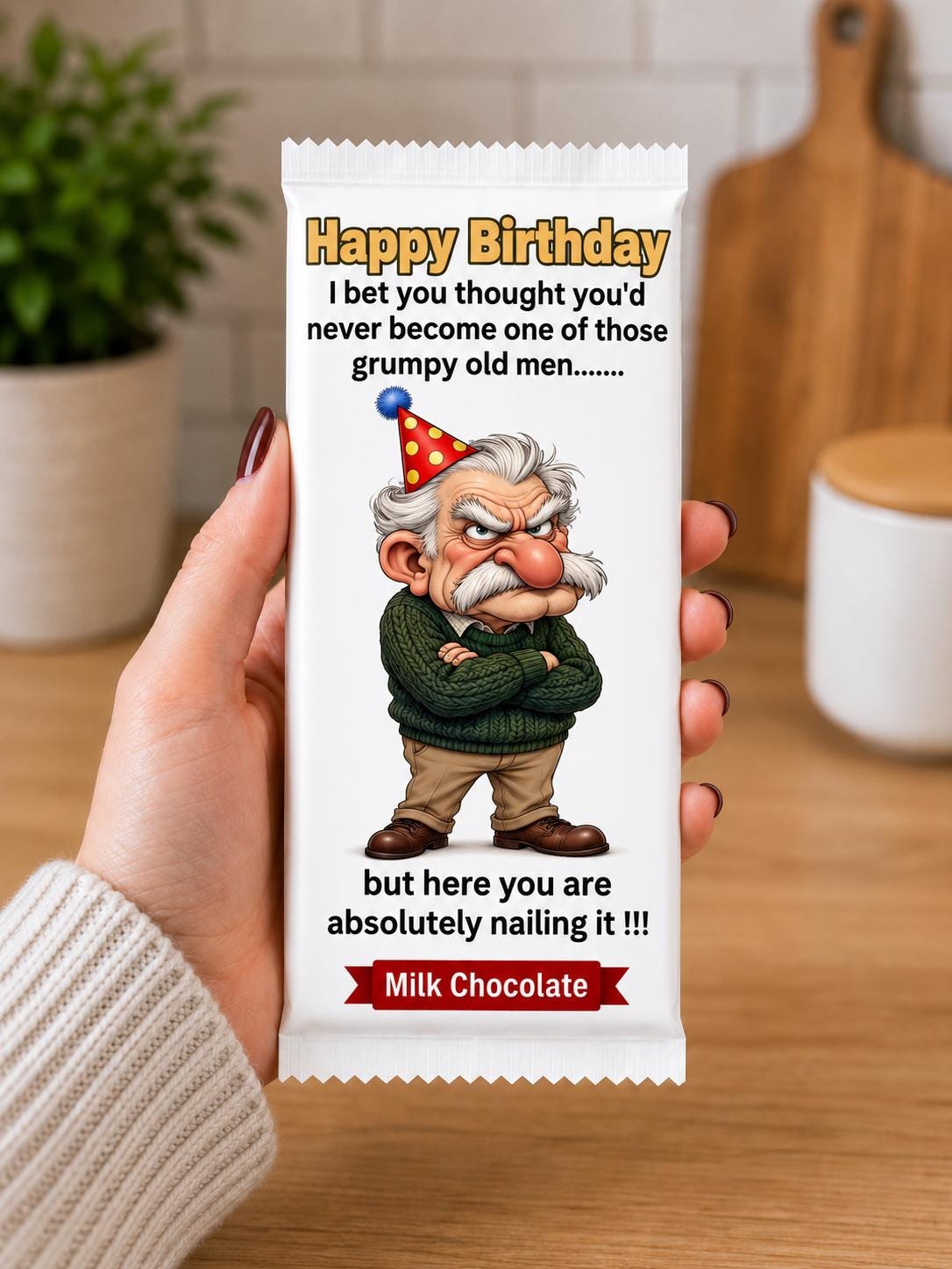 Funny grumpy old man birthday chocolate bar with “Absolutely Nailing It” wrapper