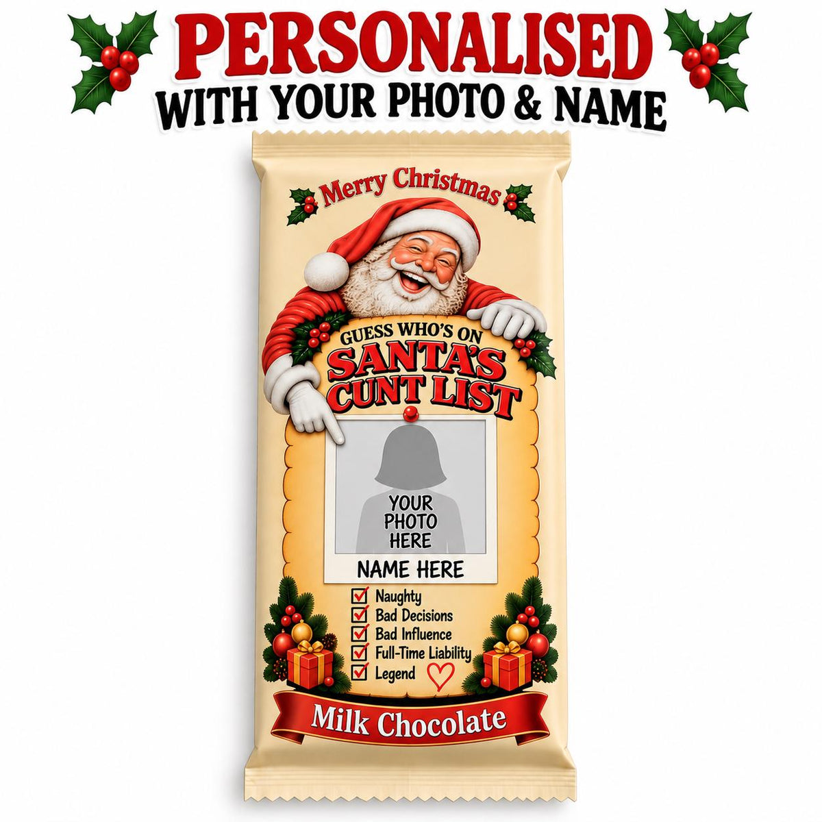 Personalised Christmas Chocolate Bar With Photo & Name, Funny Rude Secret Santa Gift, Adult Stocking Filler, Novelty Xmas Gift