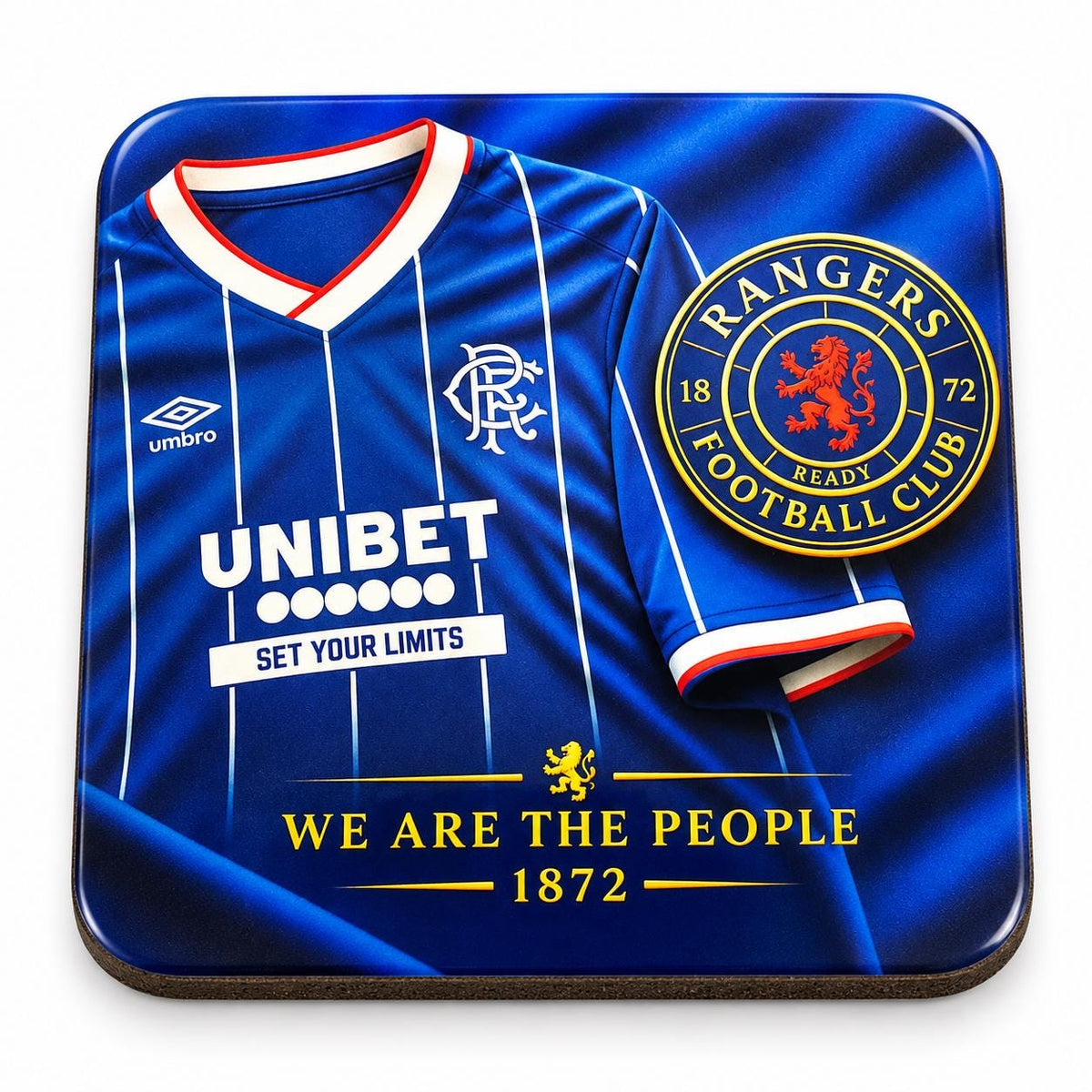 A square coaster featuring a printed design of a blue Rangers football Shirt with white pinstripes, white Umbro logo, white crest, and gold/yellow text and crest details, shown on a plain white background.