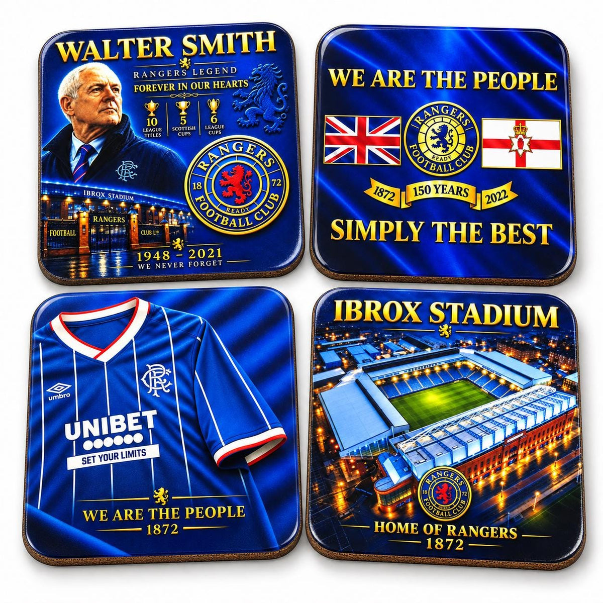 Four square Rangers Football Club themed coasters arranged in a 2x2 grid on a white background. The coasters feature blue gradients with gold/yellow text and graphics, including Walter Smith, the club crest, flags, a blue striped football shirt, and an illuminated view of Ibrox Stadium.