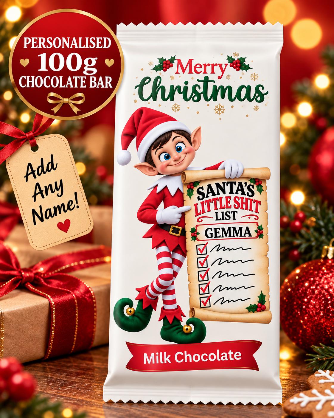Funny Personalised Elf Chocolate Bar with Novelty Naughty List Wrapper. Christmas Stocking Filler For Adults