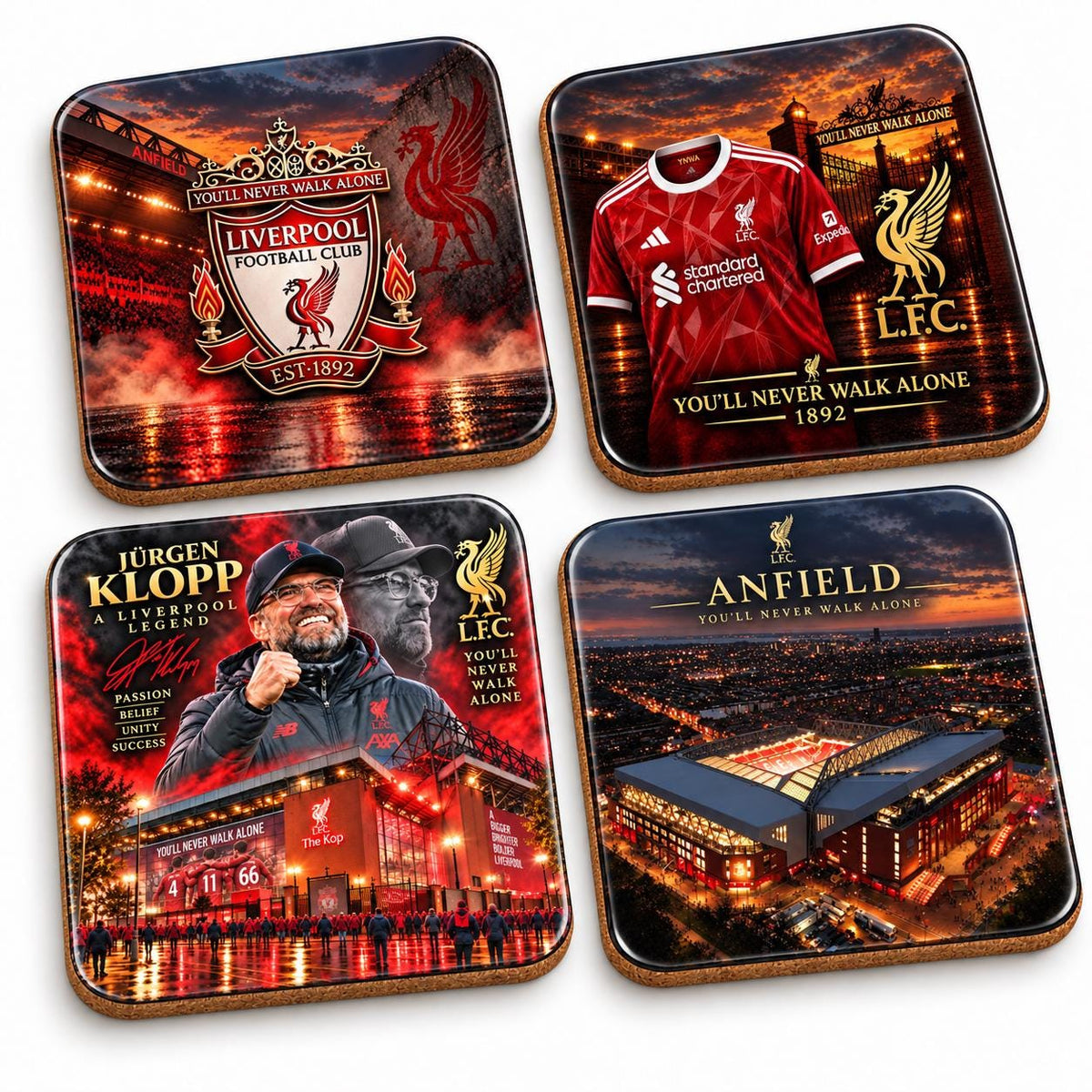 Liverpool Football Gift Coasters Set of 4, LFC Anfield Stadium Drink Coasters, Jürgen Klopp Fan Merch, Soccer Man Cave Decor, Gifts for Him