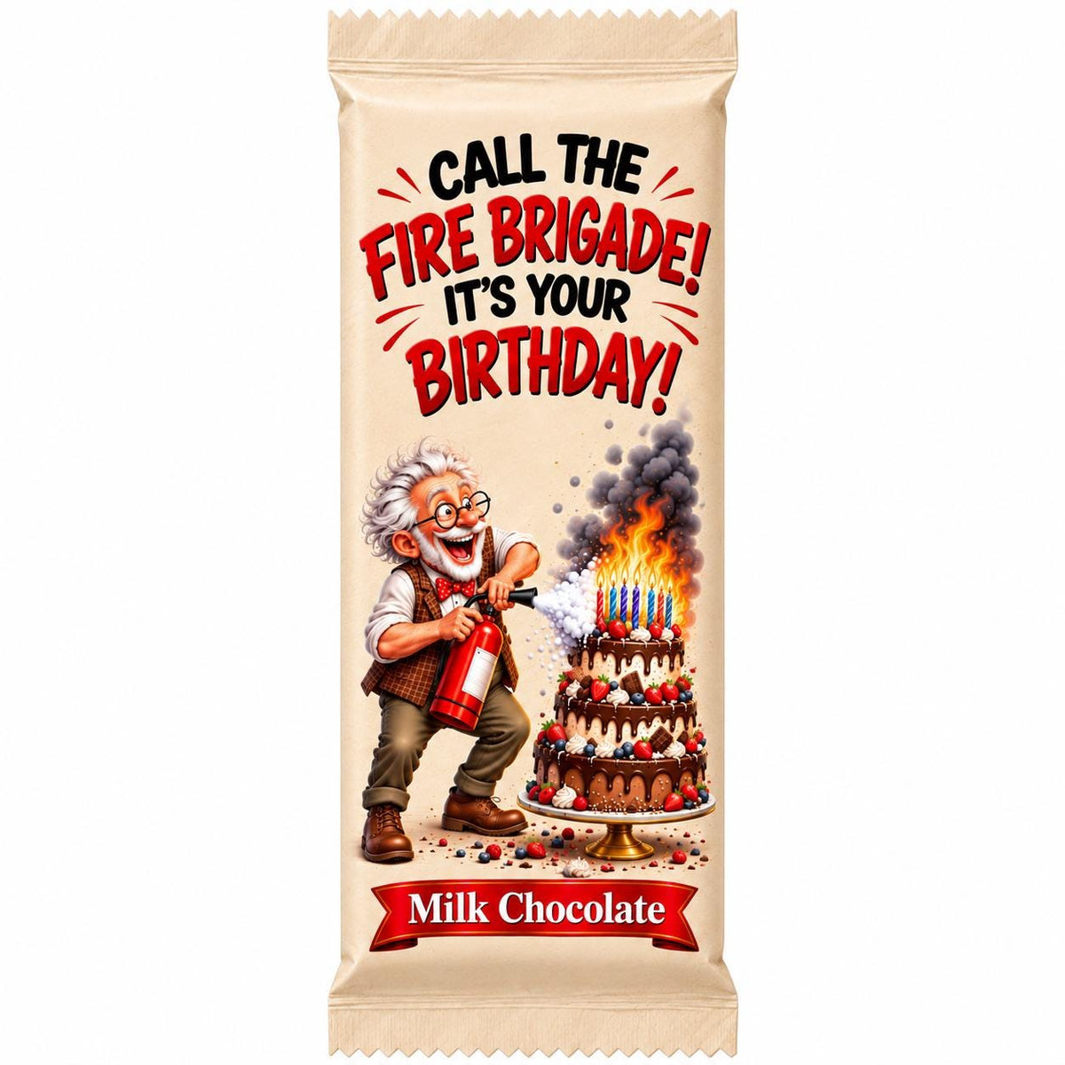 a funny novelty chocolate bar on a white background. Call the fire brigade its your birthday.