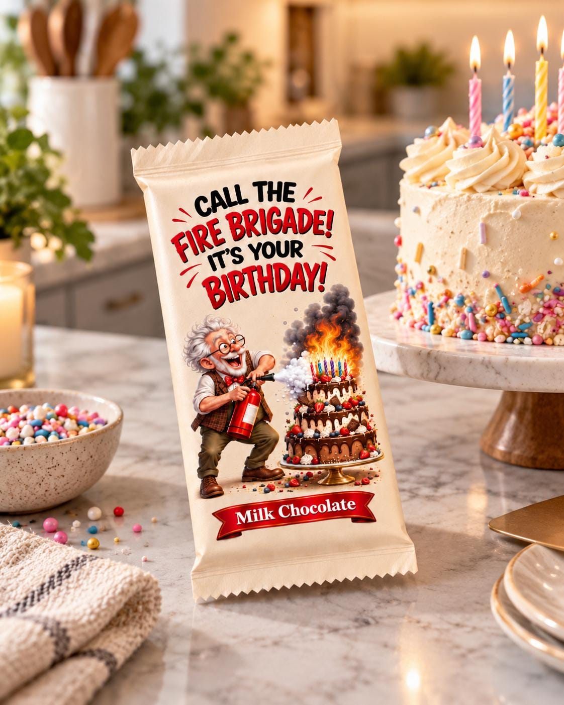 A birthday chocolate bar sitting on a kitchen work top next to a cake. The chocolate bar has the text call the fire brigade  it's your birthday with  the image of a cartoon man holding a fire extinguisher trying to blow out the candles on his cake 