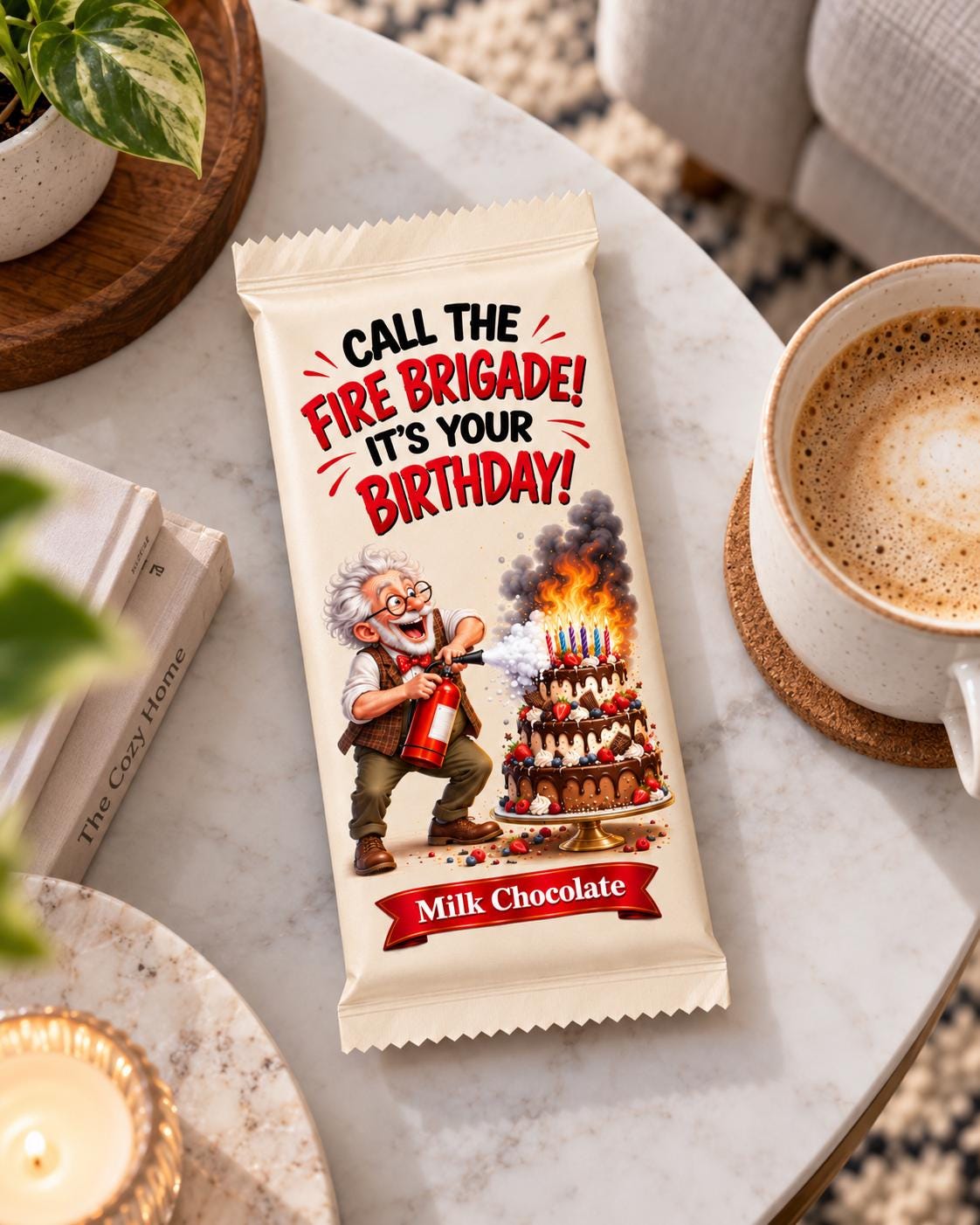 funny chocolate bar sitting on a coffee table, its a beige 100g novelty wrapper  with a man trying to blow out his candles with a fire extinguisher call the fire brigade its your birthday in red and black text 